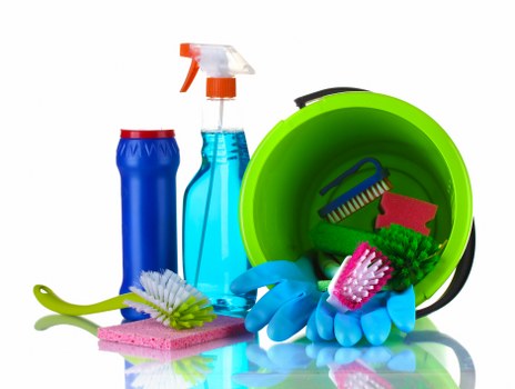 Domestic cleaning supplies arranged for a tidy home