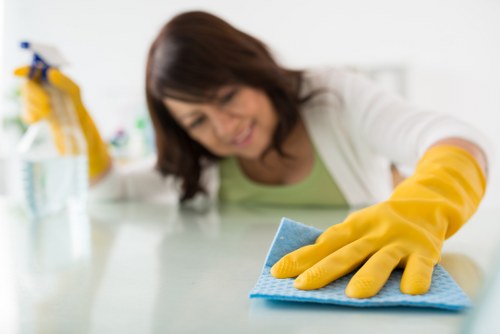 Airbnb cleaning checklist and supplies on a table