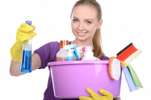 Window cleaning tools and supplies on a work cart